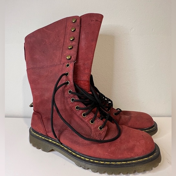 Dr. Martens Shoes - Dr. Martens Aleina Red Leather Fold Over Floral Lace Up Boots Size 11